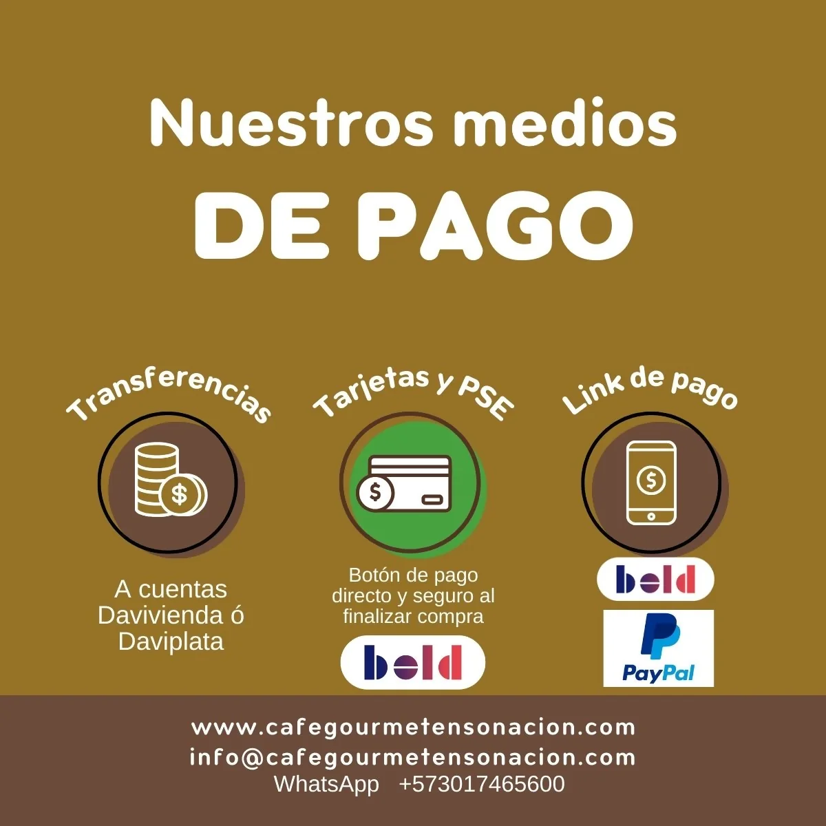 imagen medios de pago Café Ensoñación Gourmet: transferencias, botón de pago, enlaces de pago BOLD y PAYPAL